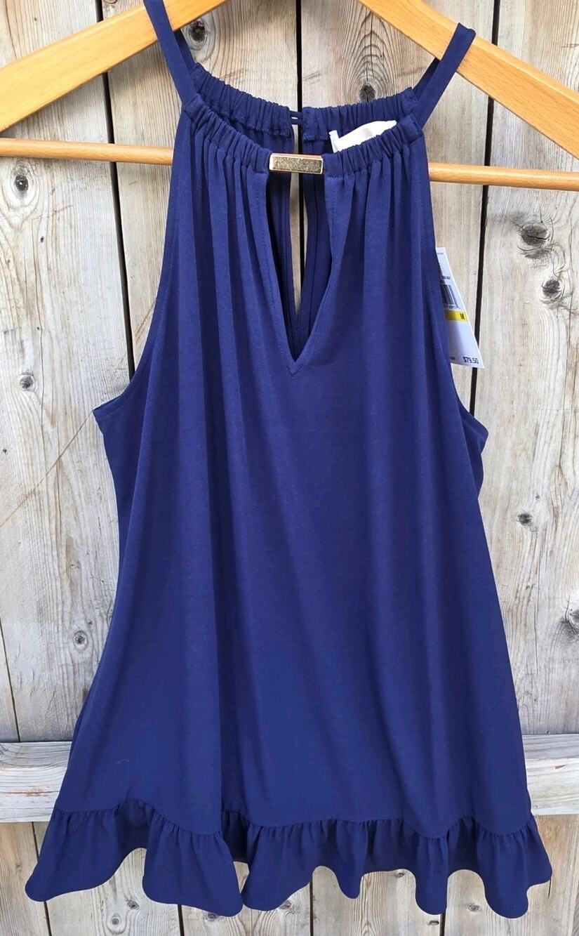 NWT Michael Kors Women Navy Blue Halter Blouse Top Ruffle Gold Layering Size L
